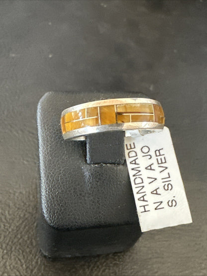 Women Coffee Tigers Eye Navajo Sterling Silver Inlay Ring Size 6.5 18703