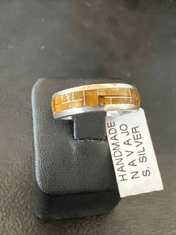 Women Coffee Tigers Eye Navajo Inlay Ring Size 6.5 | Sterling Silver | Authentic Native American Handmade | 18703