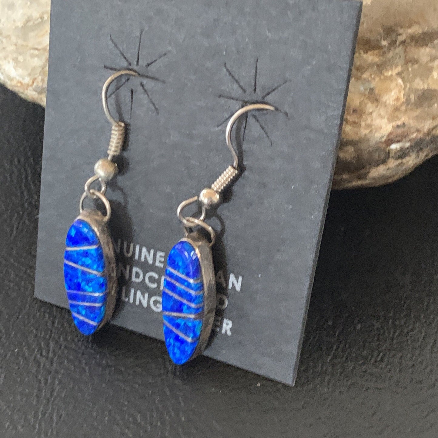 Womens Blue Opal Inlay Navajo Sterling Silver Dangle Earrings 12838