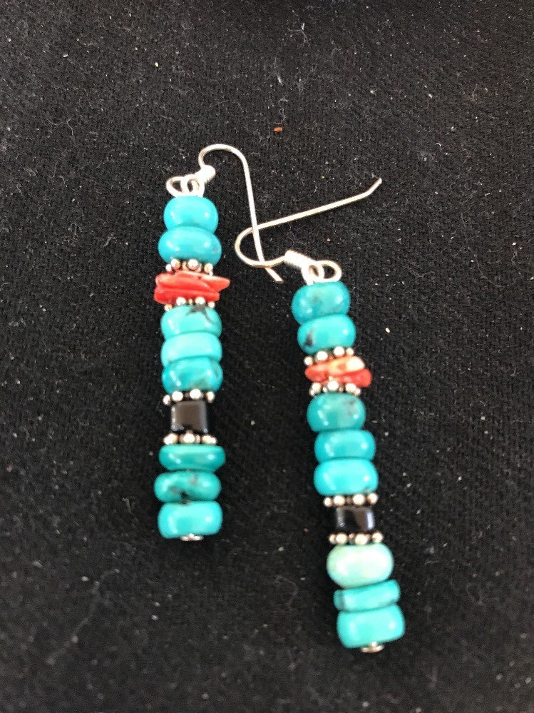 Blue Turquoise Red Spiny Oyster Sterling Silver Navajo Earrings