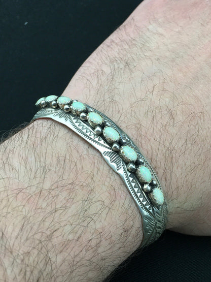 White Opal Navajo Sterling Silver Native American Cuff Bracelet 4734