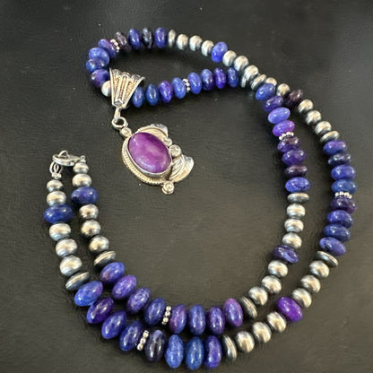Purple Stone Pendant Navajo Pearls Sterling Silver Necklace 21” 18032