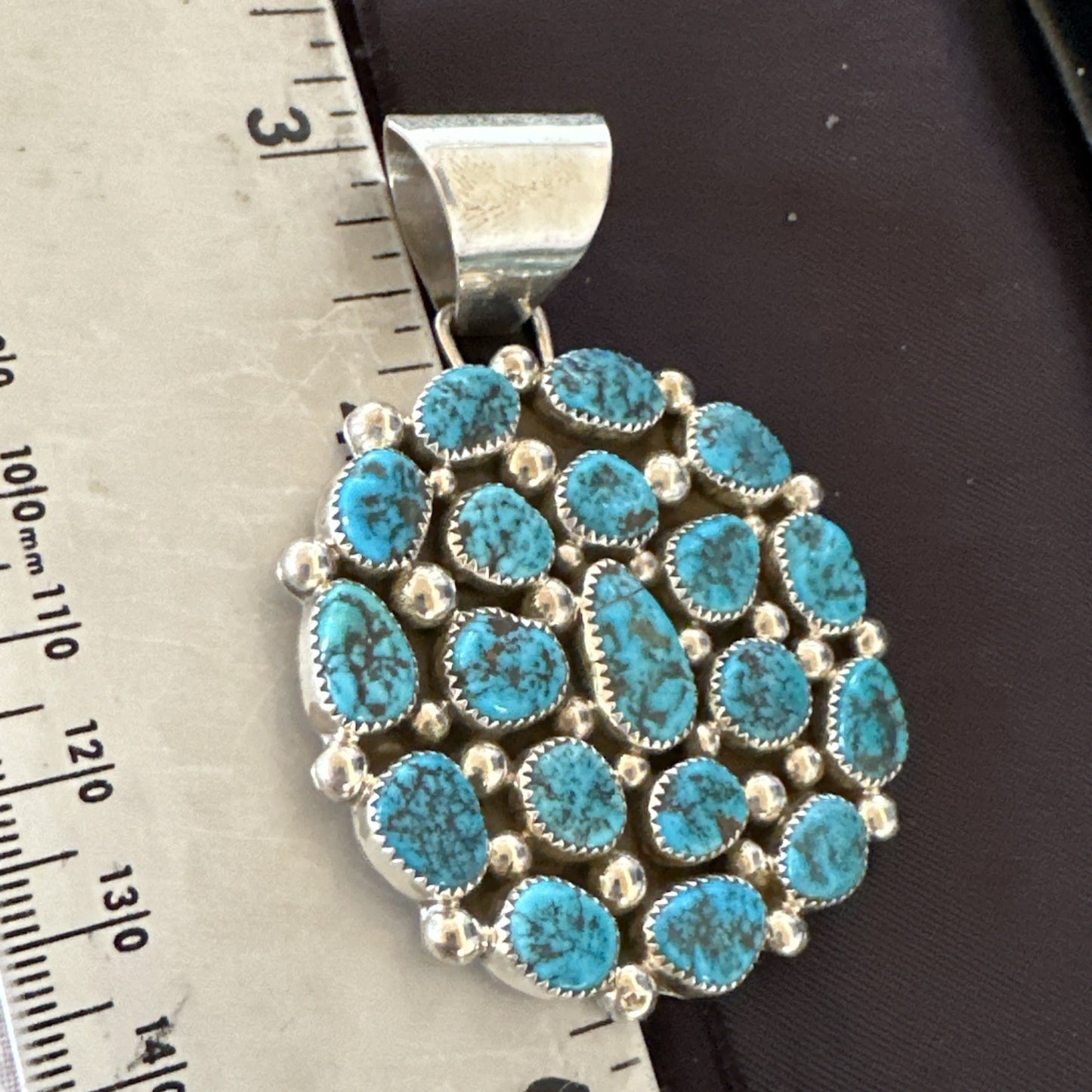 Cluster Kingman Turquoise Navajo Sterling Silver Necklace Pendant 2.75” 19082