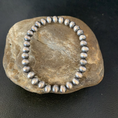 Navajo 6mm Beads Stretchable Sterling Silver Bracelet 7” 14184