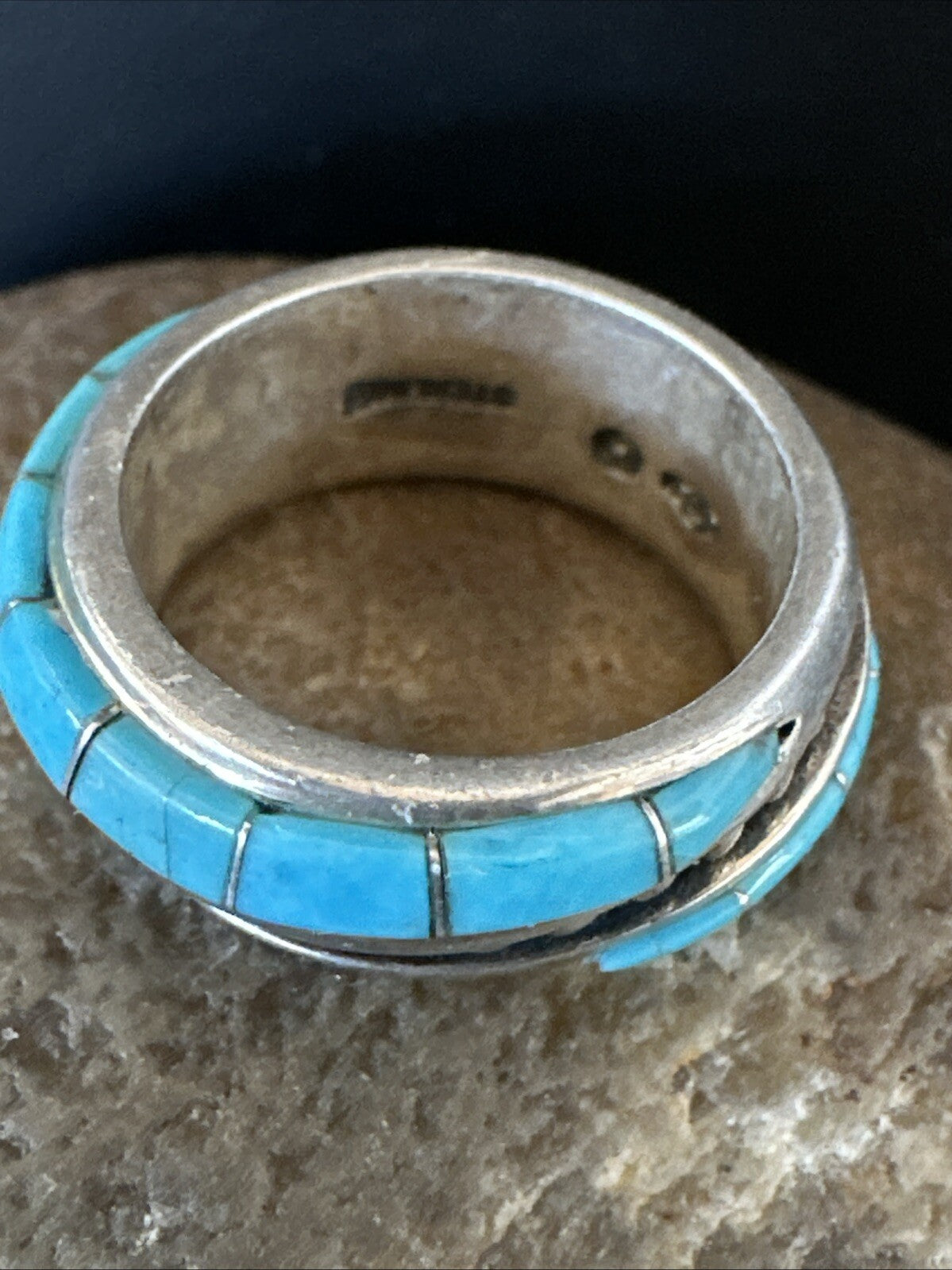 Blue Turquoise Navajo Sterling Silver Inlay Band Ring Size 7 18812