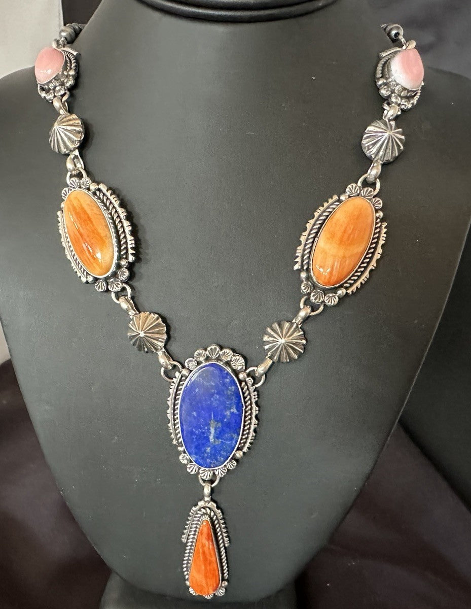 Multicolor Spiny Lapis Pendant Navajo Sterling Silver Lariat Necklace 28" 19438