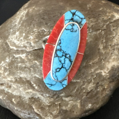 Blue Turquoise Coral Navajo Sterling Silver Ring Size 8 18764