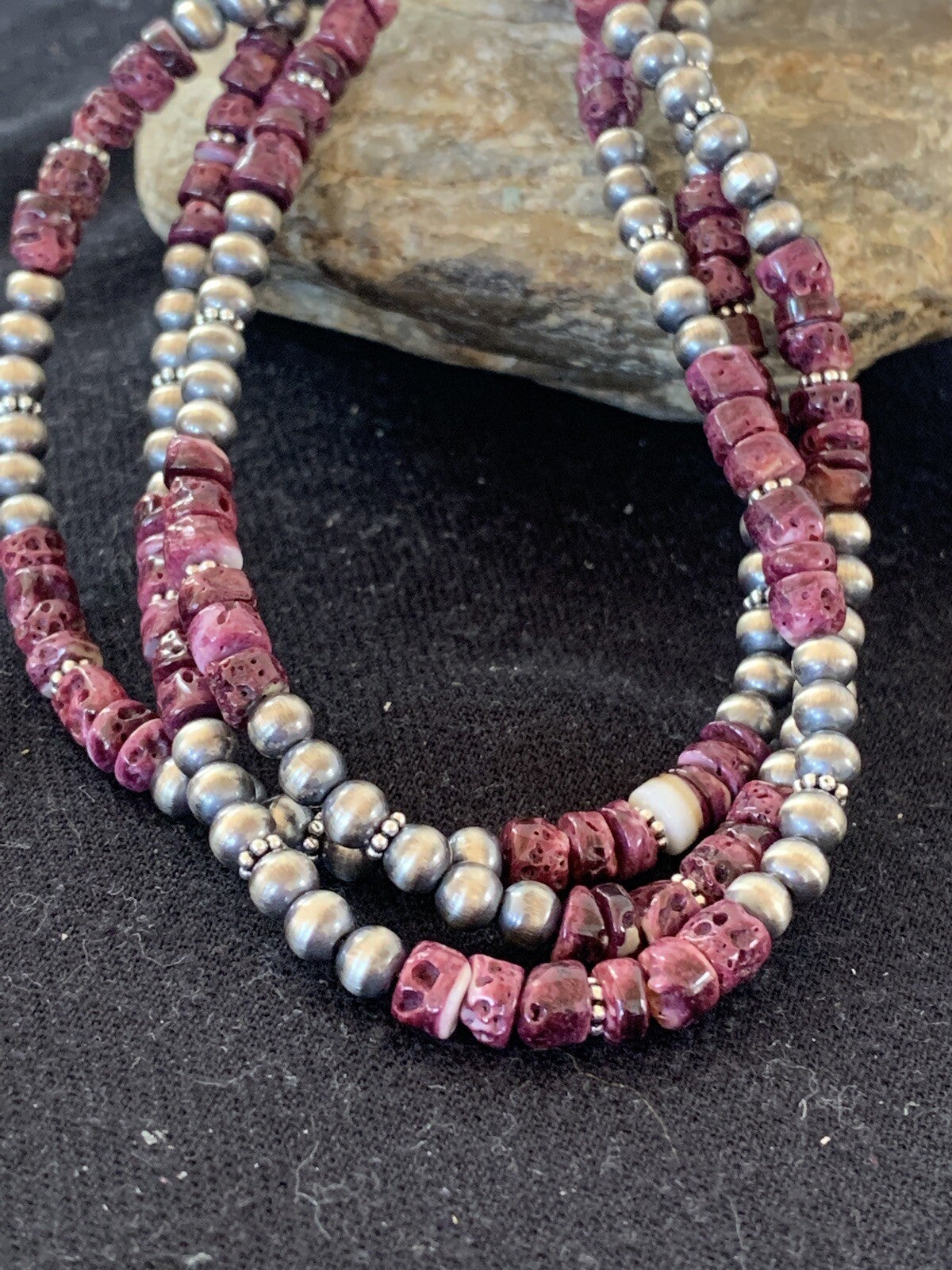 Native Navajo Sterling Silver 3 Strand Purple Spiny Oyster Necklace 22” 10115