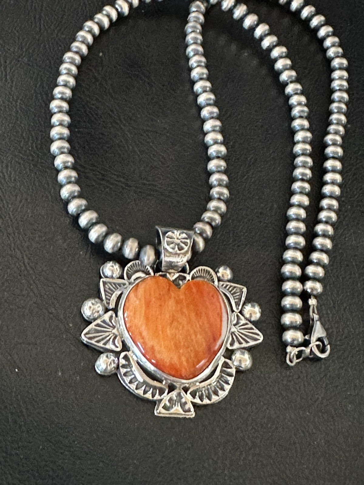 H Joe Orange Spiny Oyster Heart Pendant Navajo Sterling Silver Necklace 19485