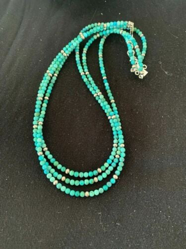 Navajo Blue Turquoise 4mm Bead 3 Strand Necklace Sterling Silver 4827