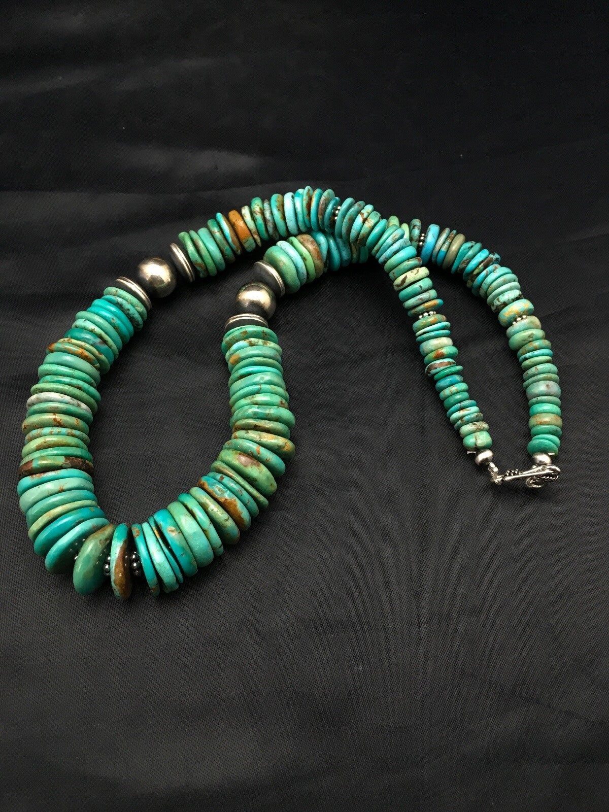 Turquoise Graduated Navajo Sterling Silver Necklace 18" 4047