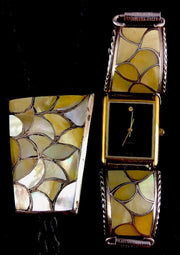Yellow Mother Of Pearls Zuni Sterling Silver Old Pawn Bolo Tie & Watch 03114