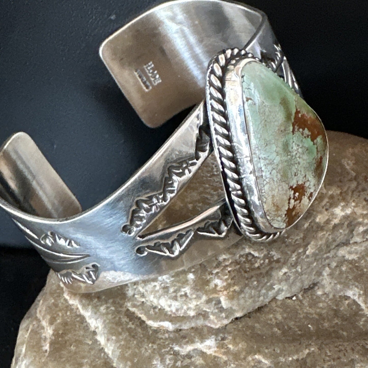 Navajo Green Royston TURQUOISE Stamped Sterling Silver Cuff Bracelet 18874