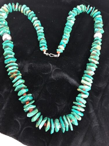 Navajo Turquoise & Spiny Oyster Necklace Sterling Silver 30" 8063