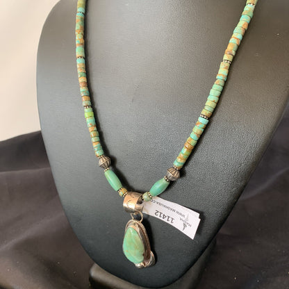 Green Turquoise Pendant Navajo Pearls Sterling Silver Necklace 11412