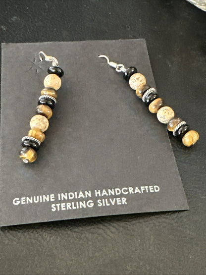 Navajo Sterling Silver Tigers Eye Picture Jasper Onyx Dangle Earrings 18721