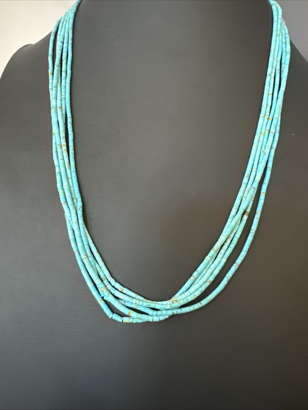 Native Blue Turquoise Heishi 5 Strand Sterling Silver Necklace 24” 19458