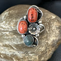 Multicolor Ring Turquoise Coral Spiny Navajo Cluster 10.5 | Sterling Silver | Authentic Native American Handmade | 19195