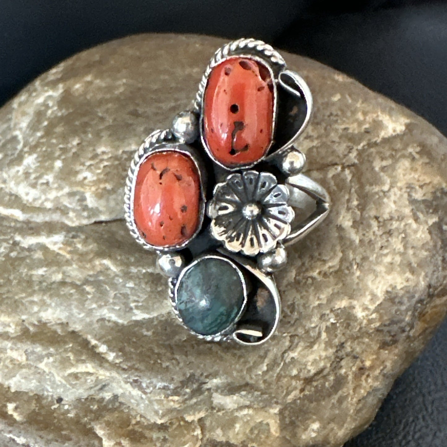 Multicolor Ring Turquoise Coral Spiny Navajo Sterling Silver Cluster 10.5 19195