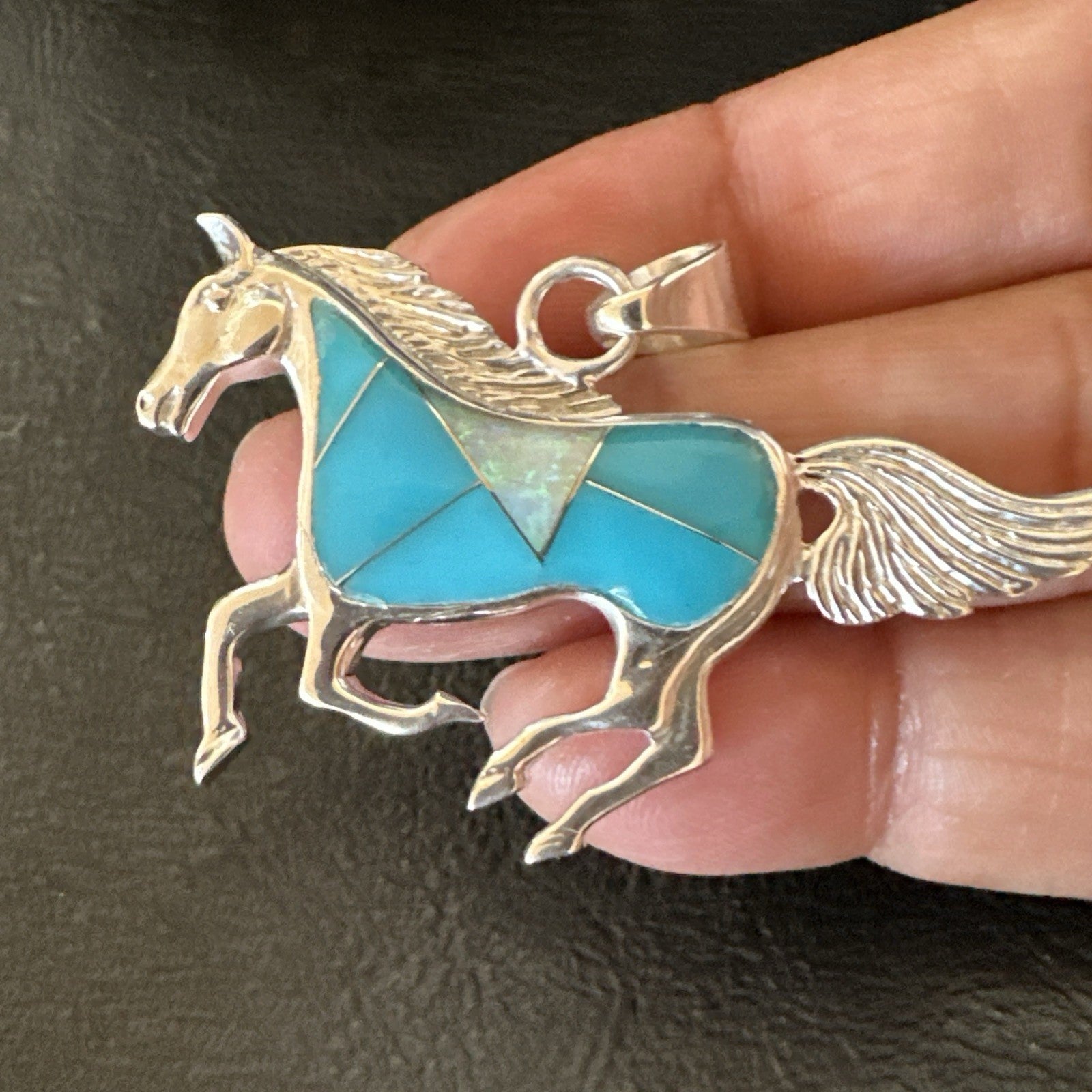 Horse Inlay Southwestern Cowboy Blue Turquoise Sterling Silver Pendant 2” 19160