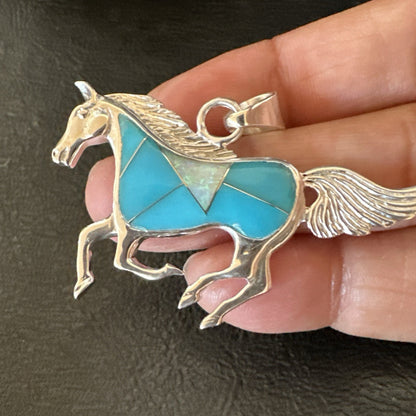 Horse Inlay Southwestern Cowboy Blue Turquoise Sterling Silver Pendant 2” 19160