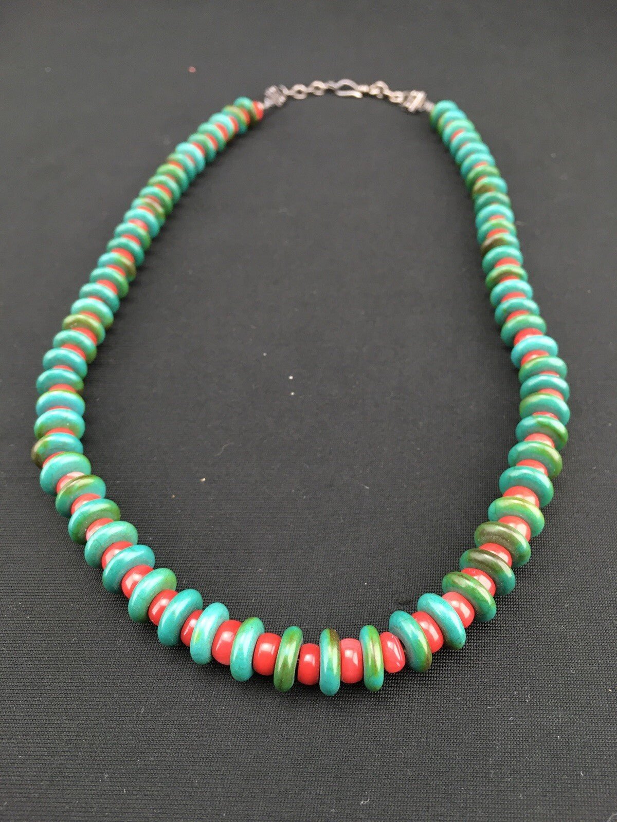 Native Mens Turquoise & Coral Bead Navajo Sterling Silver Necklace 22" 3712