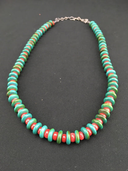 Native Mens Turquoise & Coral Bead Navajo Sterling Silver Necklace 22" 3712