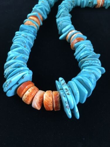 Navajo Sterling Silver Blue Turquoise Spiny Oyster 23" Necklace 16902