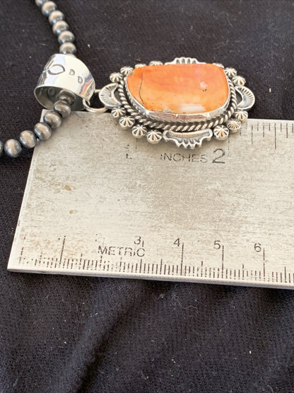 Sterling Silver Navajo Pearls Orange Spiny Oyster Pendant Necklace 00773