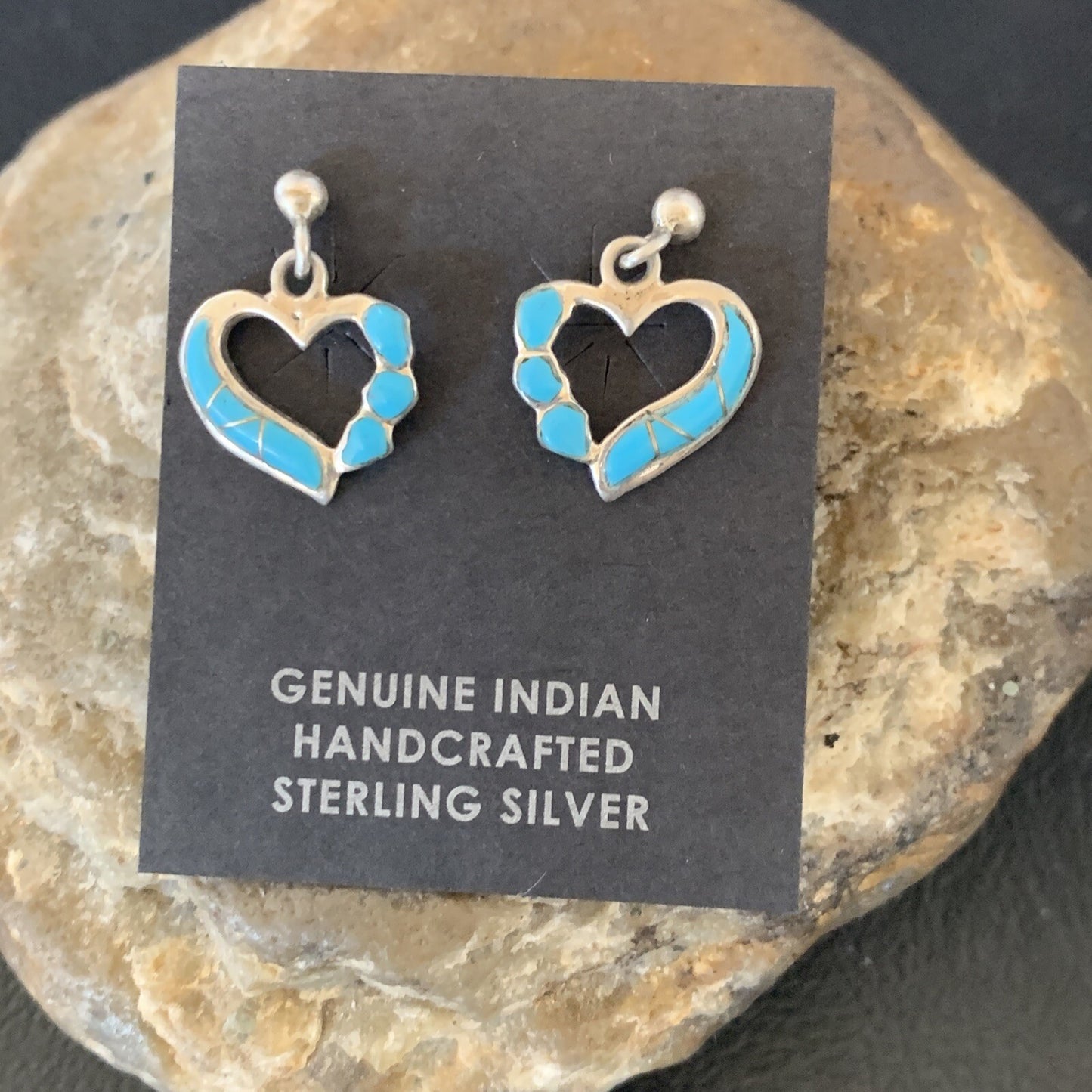 Blue Turquoise Heart Navajo Sterling Silver Dangle Post Earrings 0.5" 12717