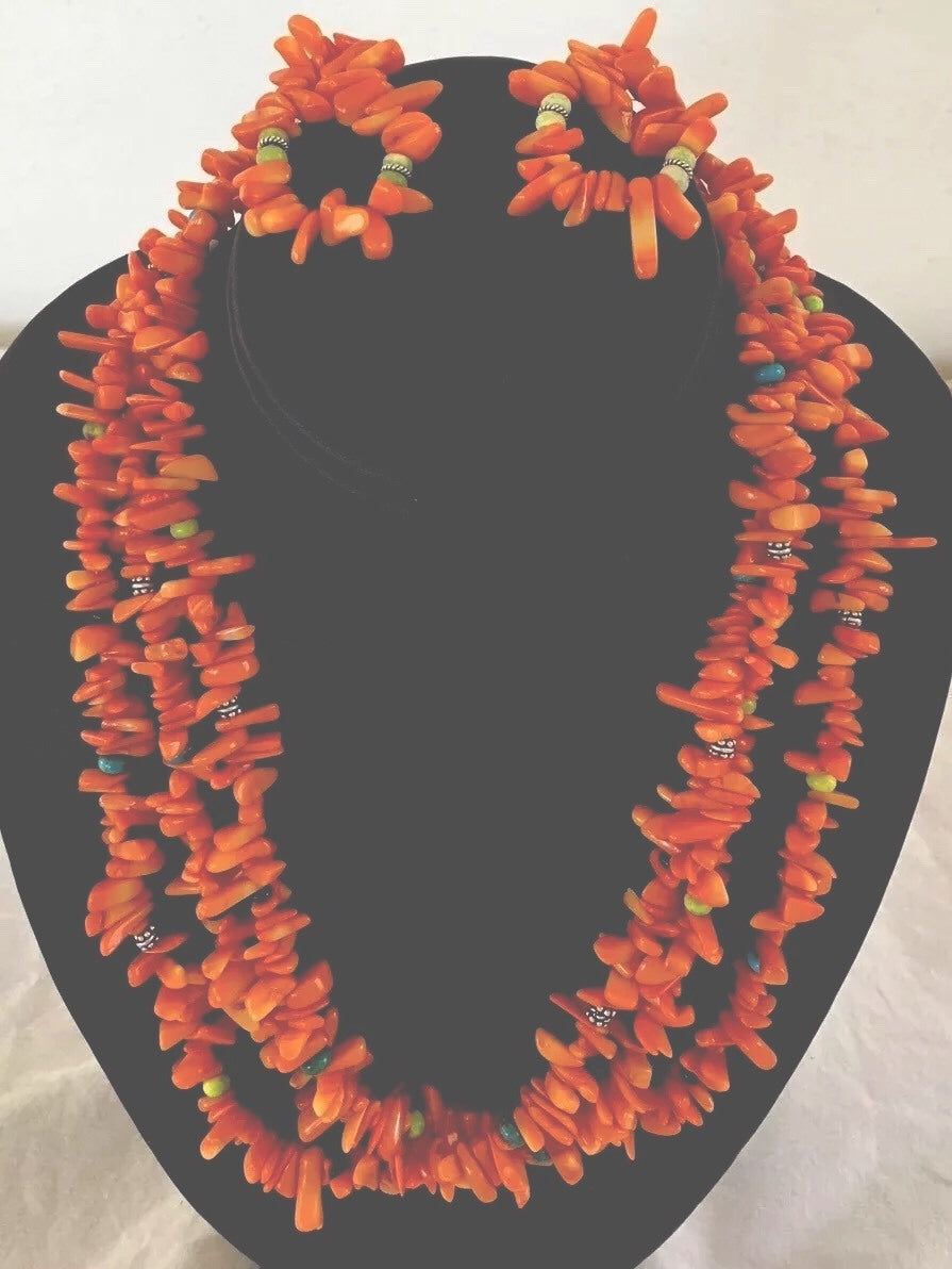 Orange Coral & Turquoise Navajo 3 Strand Necklace & Earrings 372