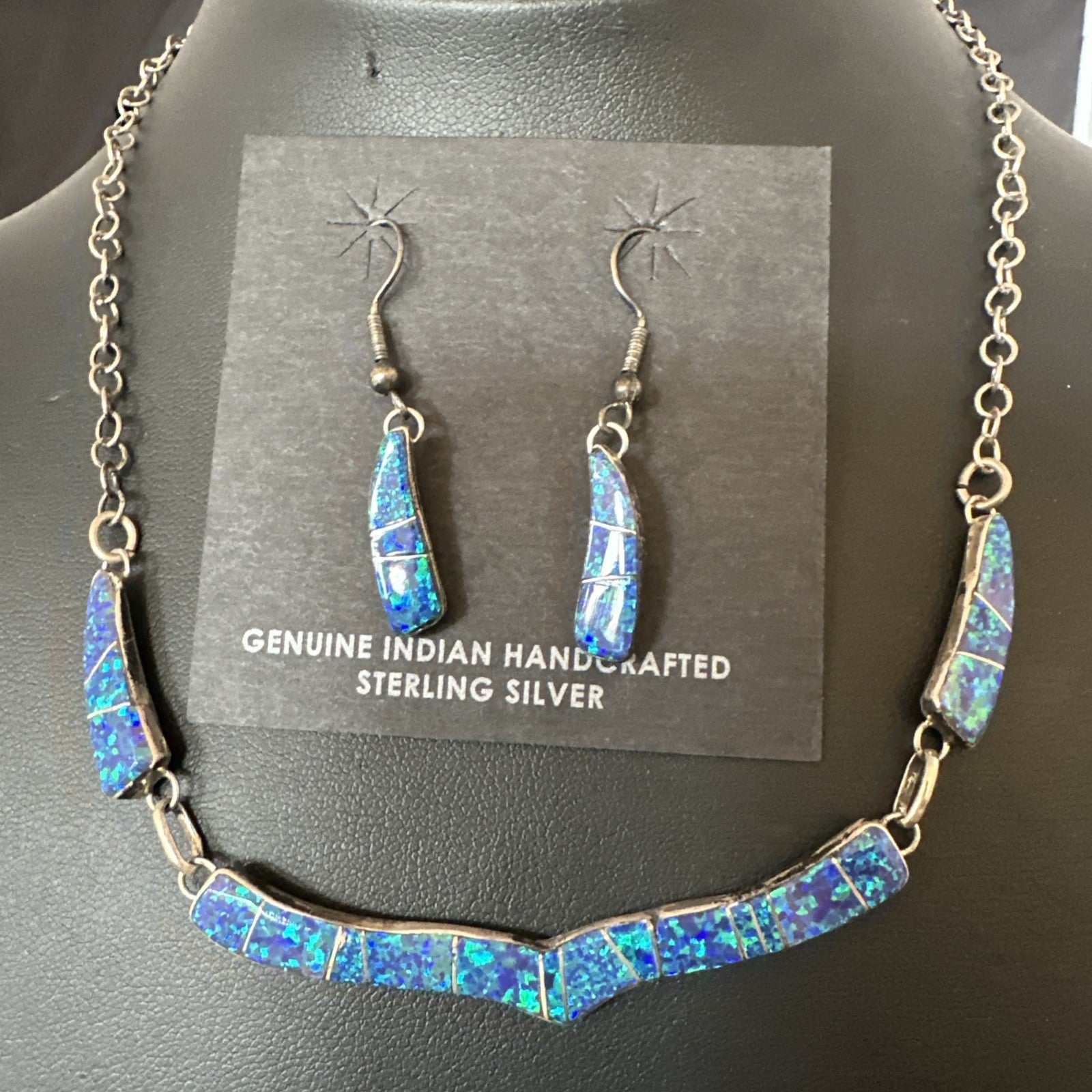 Old Pawn Blue Opal Necklace Inlay Navajo Sterling Silver 16" Earrings 19125