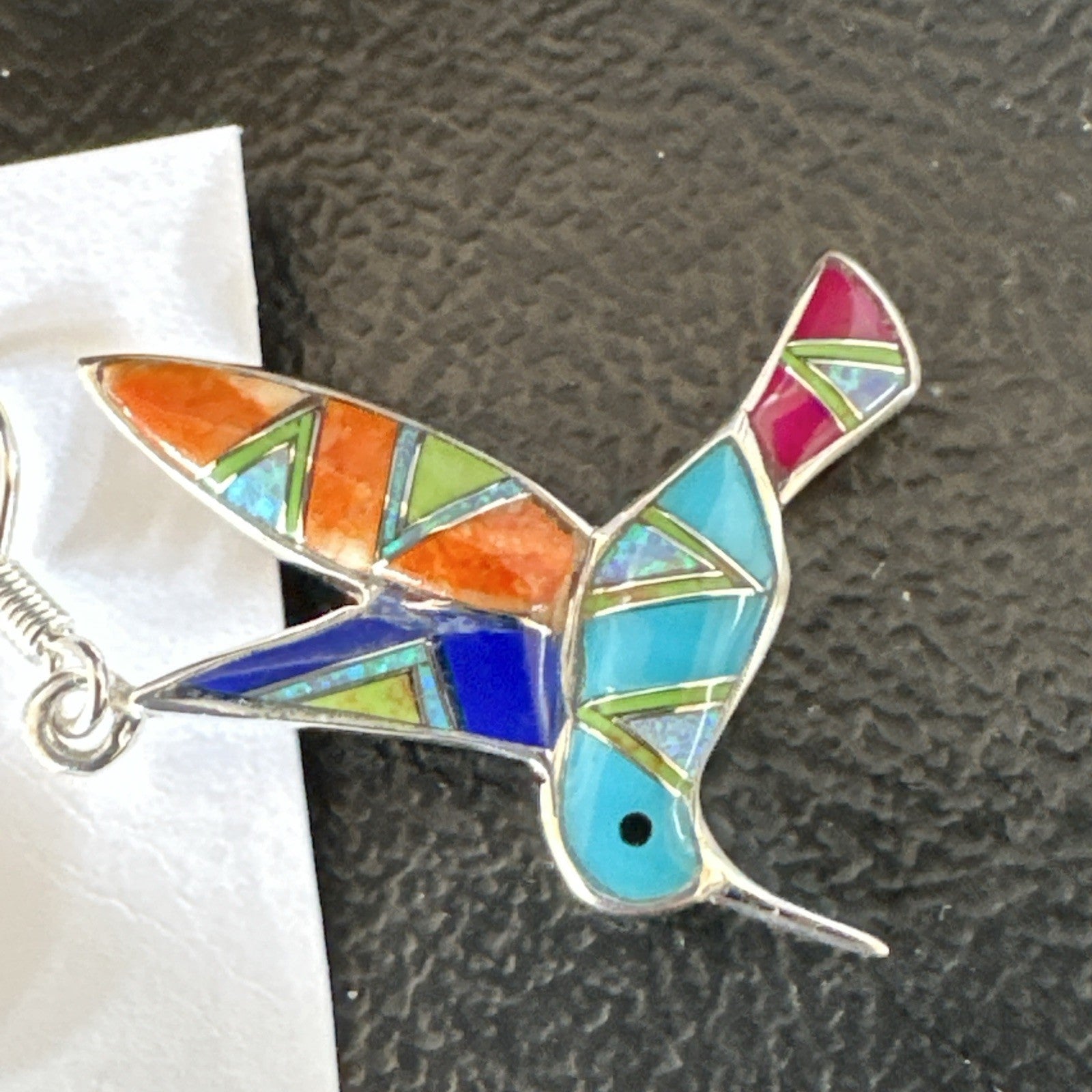 Blue Turquoise Spiny Opal Sterling Silver Hummingbird Dangle Earrings 19132