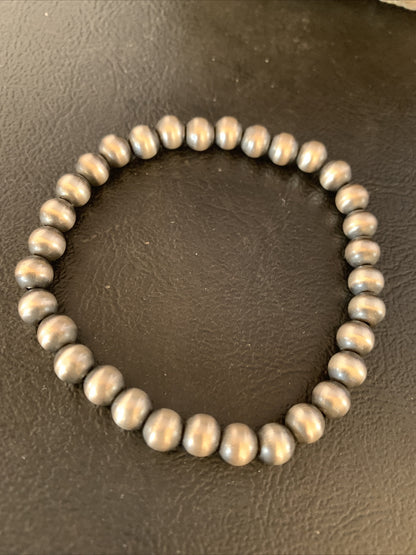 Navajo 6mm Beads Stretchable Sterling Silver Bracelet 7” 14184