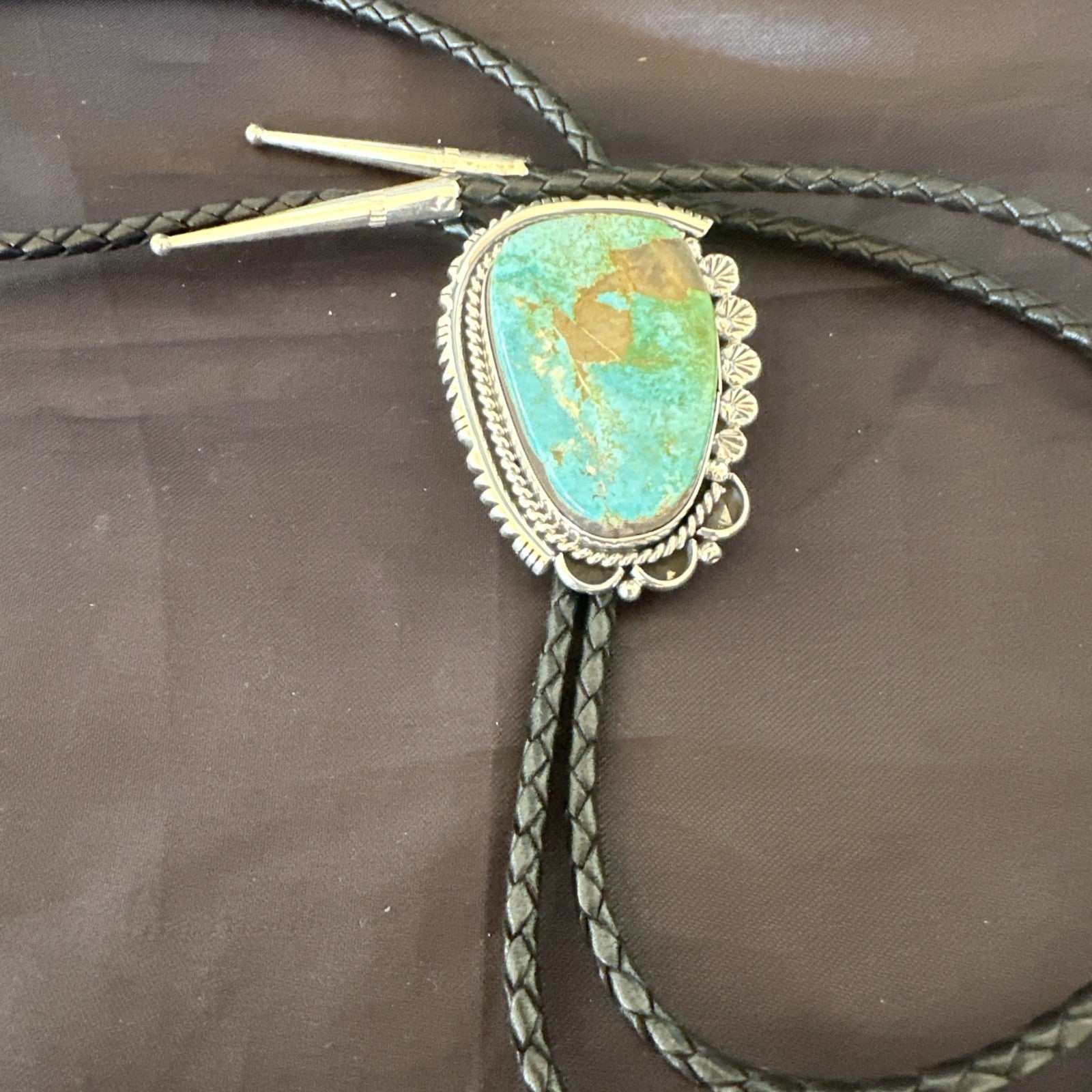 Native Mens Blue Green Royston Turquoise Bolo Tie Sterling Silver Navajo 19594