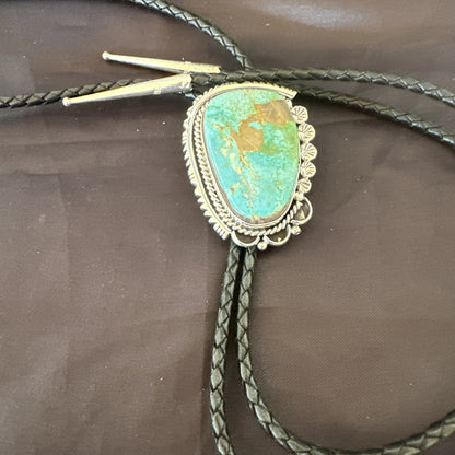 Native Mens Blue Green Royston Turquoise Bolo Tie Sterling Silver Navajo 19594