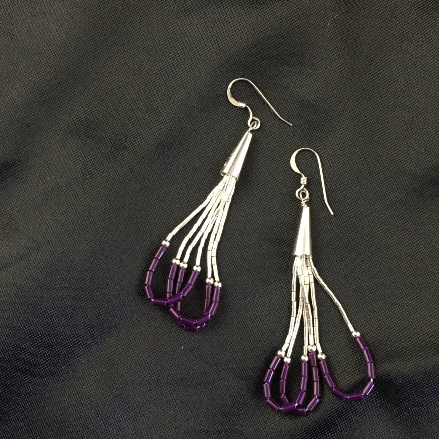 Purple Stone 3 Strands Heishi Liquid Sterling Silver Dangle Earrings 1997