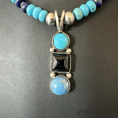 Blue Turquoise Lapis Onyx Pendant Navajo Sterling Silver Necklace 19550