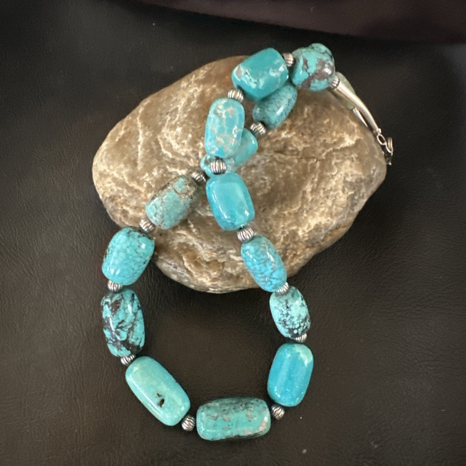 Mens Womens Blue Nugget Turquoise Navajo Sterling Silver Necklace 17.5” 19688