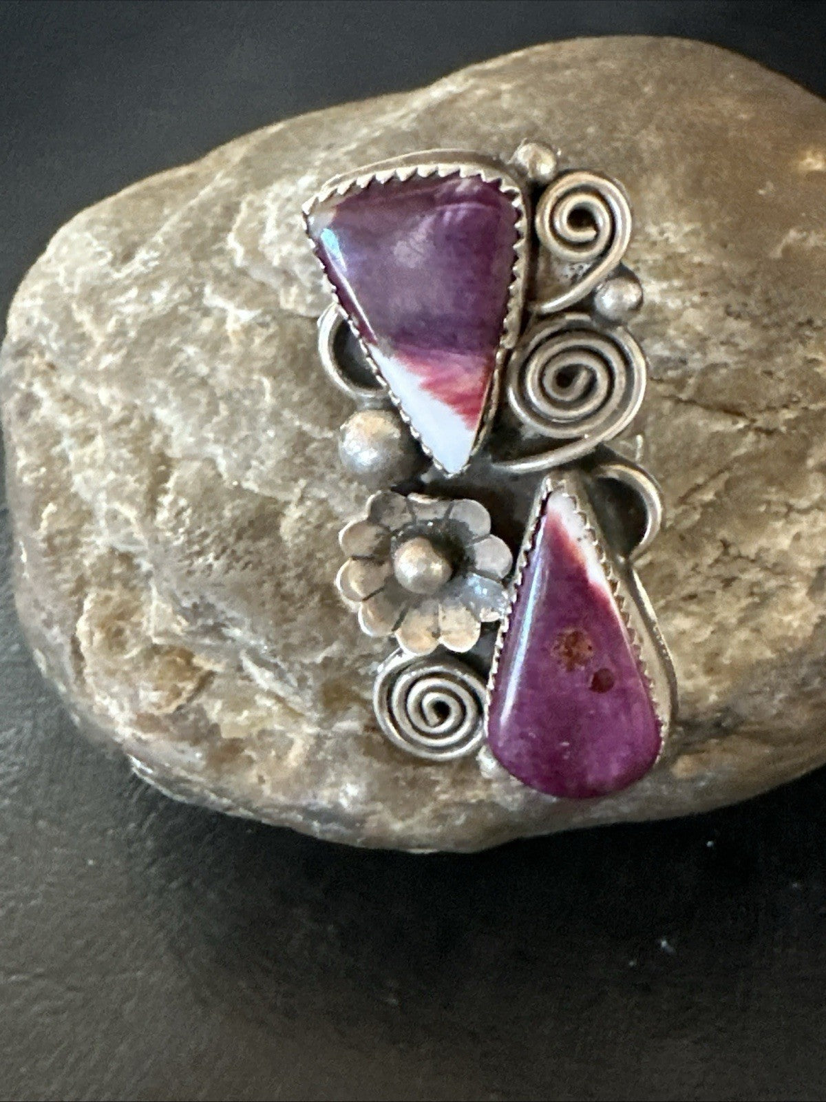 Cluster Purple Spiny Oyster Navajo Sterling Silver Ring Sz 7.5 19764