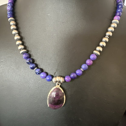 Purple Stone Pendant Navajo Pearls Sterling Silver Necklace 23" 17894
