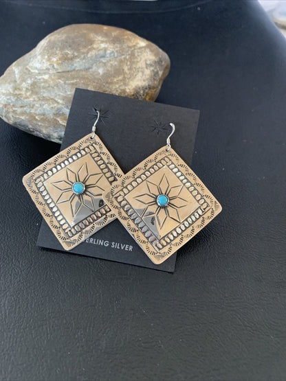 Blue Turquoise Navajo Sterling Silver Earrings 2.25" 12057