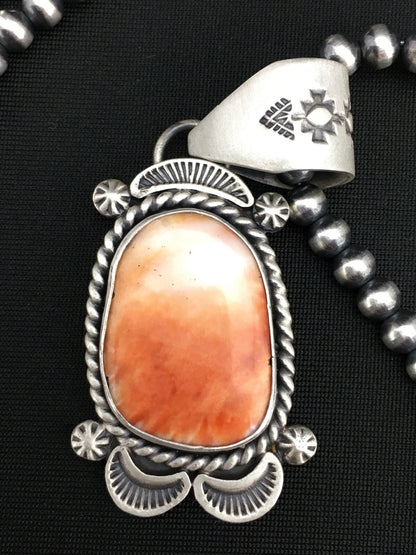 Native Orange Spiny Oyster Pendant Navajo Sterling Silver Necklace 04907