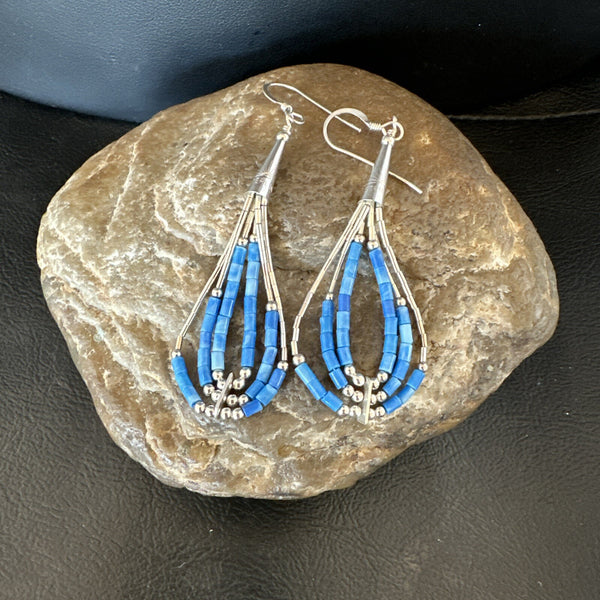 Blue Denim Lapis 3S Heishi Liquid Dangle Earrings | Sterling Silver | Authentic Native American Handmade | 18098