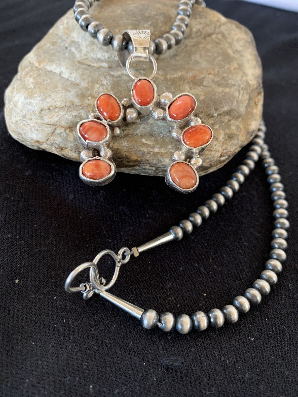 Red Spiny Oyster Naja Pendant Navajo Pearls Sterling Silver Necklace 00326