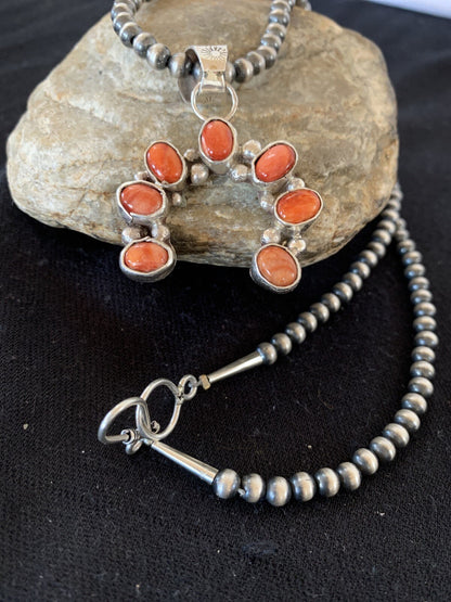 Red Spiny Oyster Naja Pendant Navajo Pearls Sterling Silver Necklace 00326