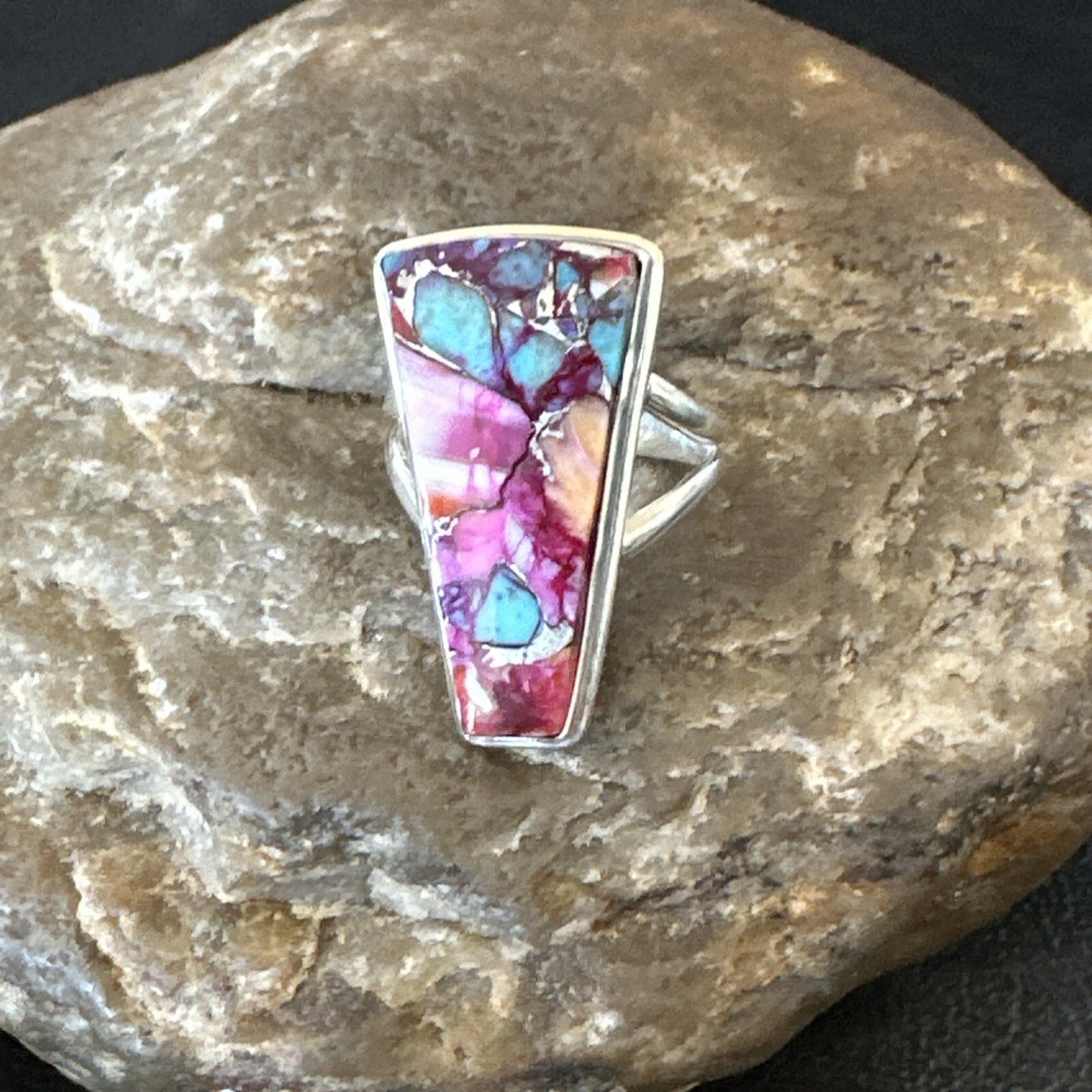 Blue Turquoise Spiny Oyster Southwestern Sterling Silver Ring Size 6 18473