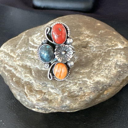 Multicolor Ring Turquoise Coral Spiny Navajo Sterling Silver Cluster Sz 10 19193