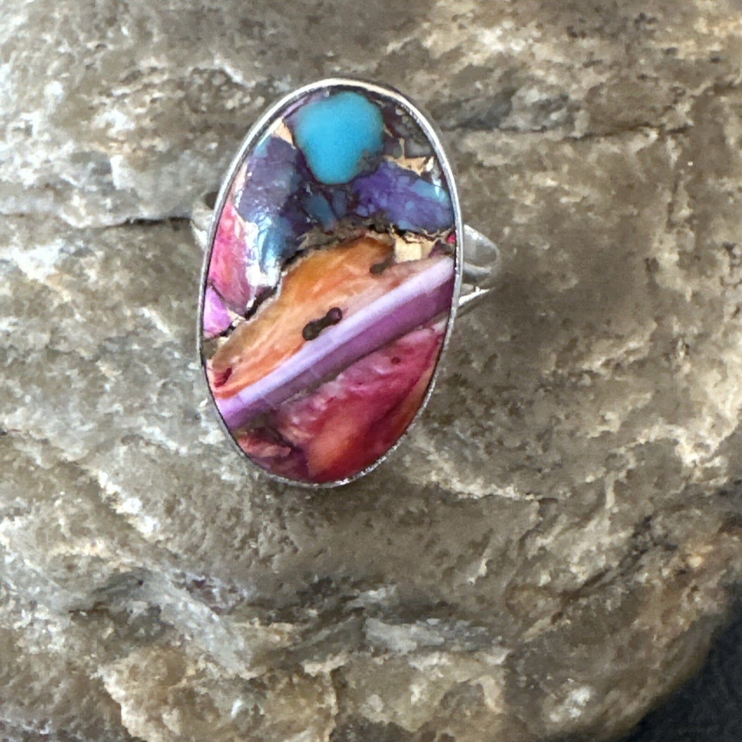 Blue Turquoise Spiny Oyster Southwestern Sterling Silver Ring Size 8 18479