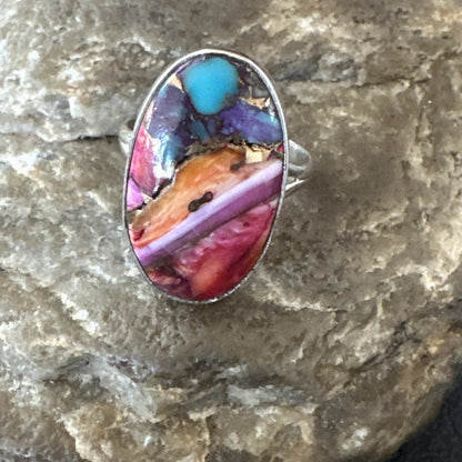 Blue Turquoise Spiny Oyster Southwestern Sterling Silver Ring Size 8 18479